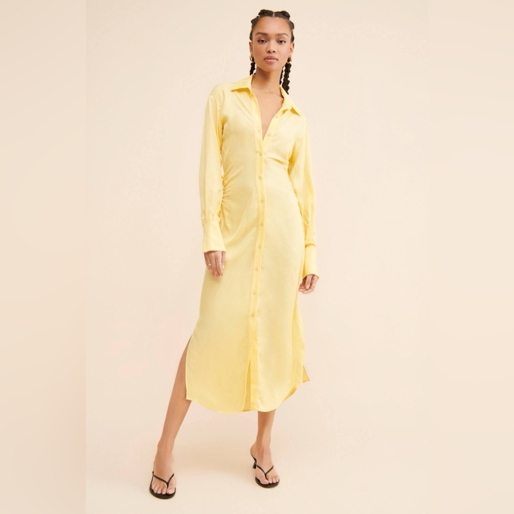 Anthropologie Suboo Halley Maxi Shirt Dress MEDIUM in Light Yellow Ruched Side